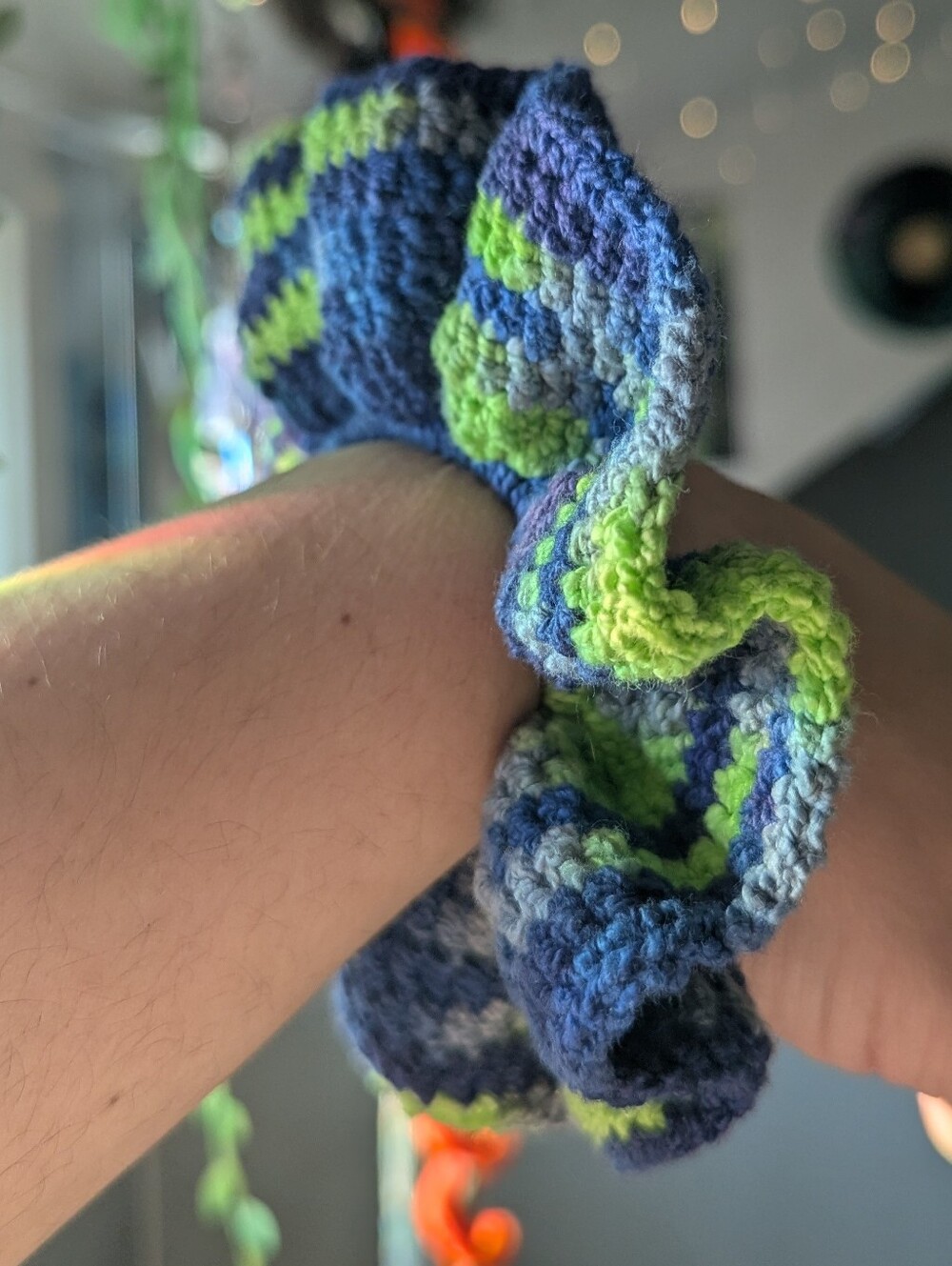 ALIEN 👽 handmade crochet cotton electric blue and neon green hair tie scrunchie